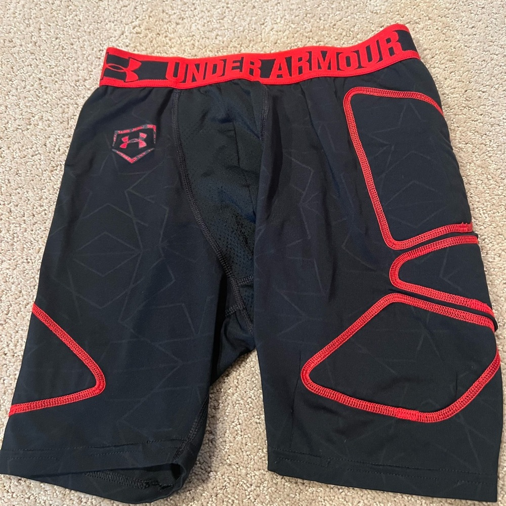 Boys Under Armour Black and Red Athletic Shorts base wear.